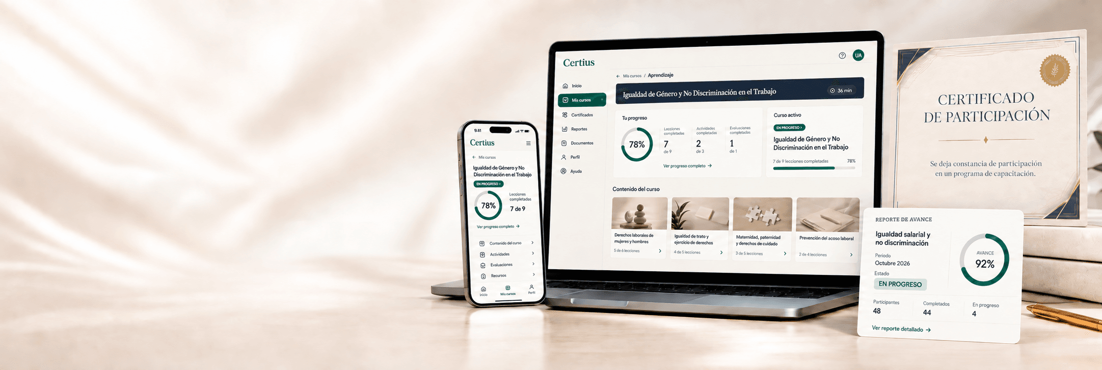 Plataforma Certius disponible en computador y celular, certificado de participación y reporte de avance
