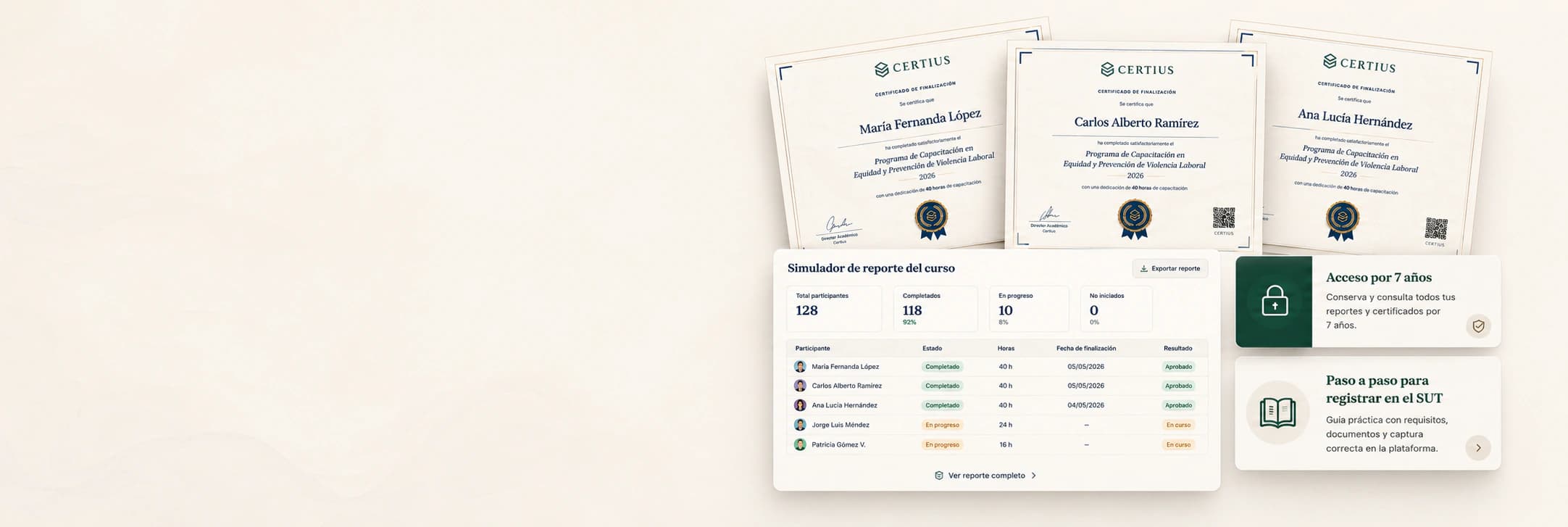 Certificados verificables, reporte empresarial y guía de registro organizados en Certius