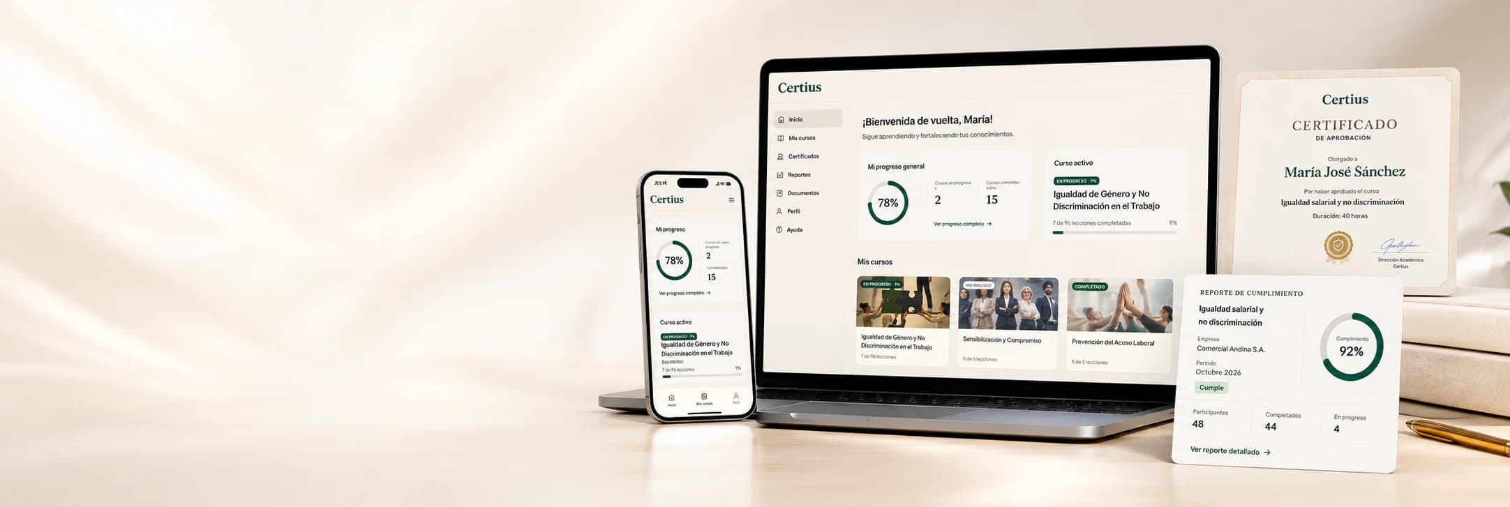 Plataforma Certius en computador y celular junto a un certificado y un reporte de cumplimiento