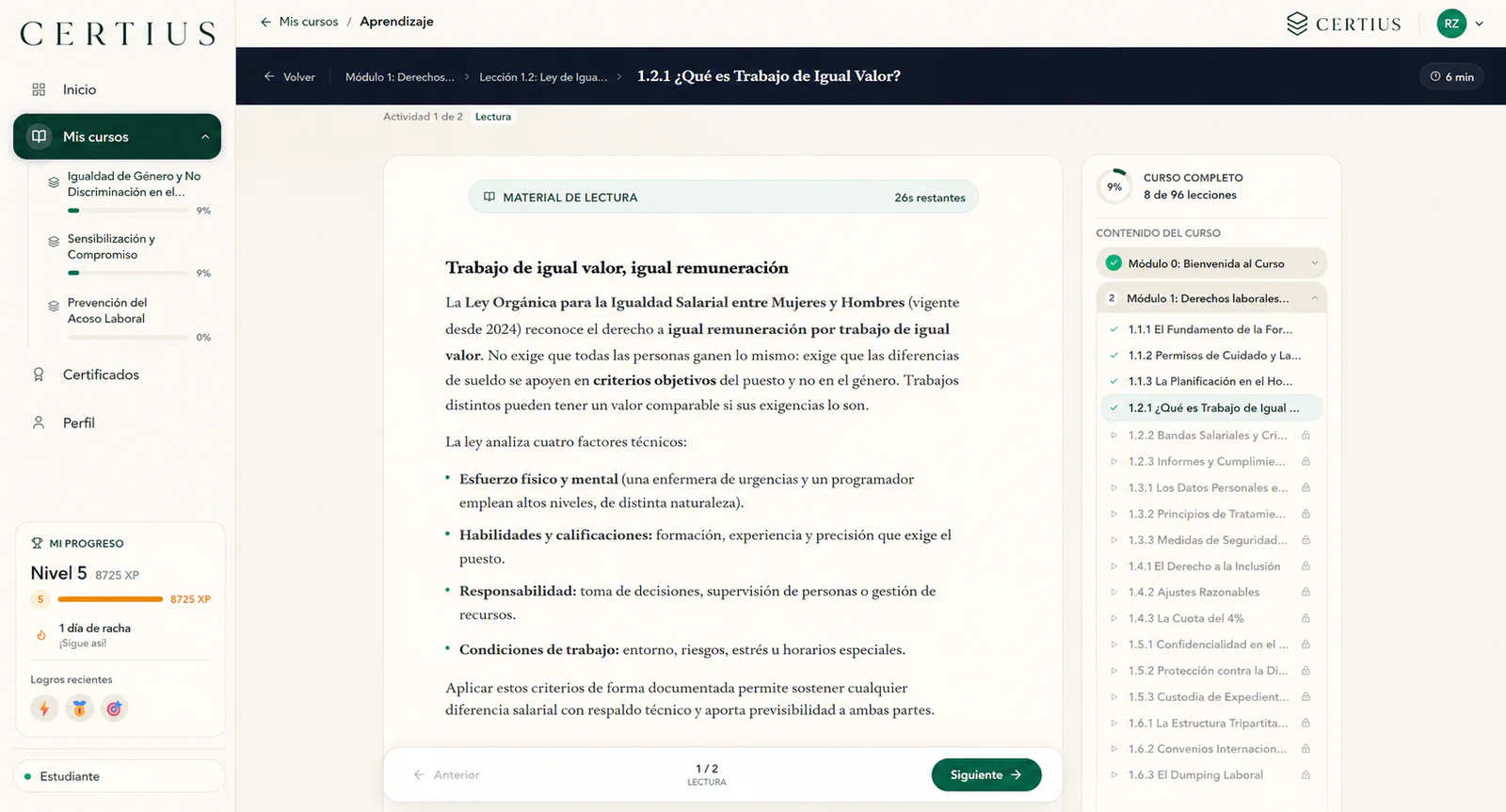 Lección del programa obligatorio de capacitación de 40 horas en la plataforma Certius